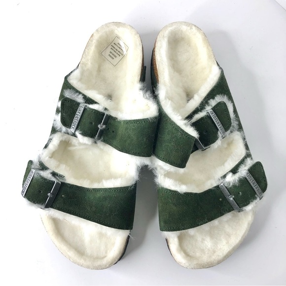 NIB Birkenstock Arizona Suede Shearling Fur Mountain View Green Sandals Shoes - Picture 4 of 11